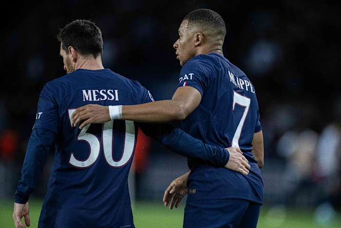 Lionel Messi and Kylian Mbappe pictured together during PSG's Champions League game against Maccabi Haifa in October 2022